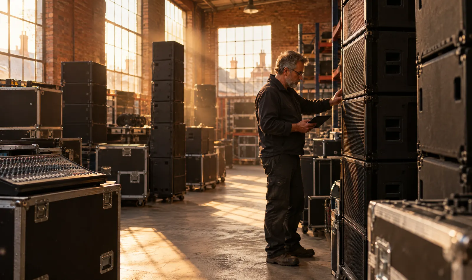 Illustration: a technician checking stacked PA speakers in a sunlit audio hire warehouse
