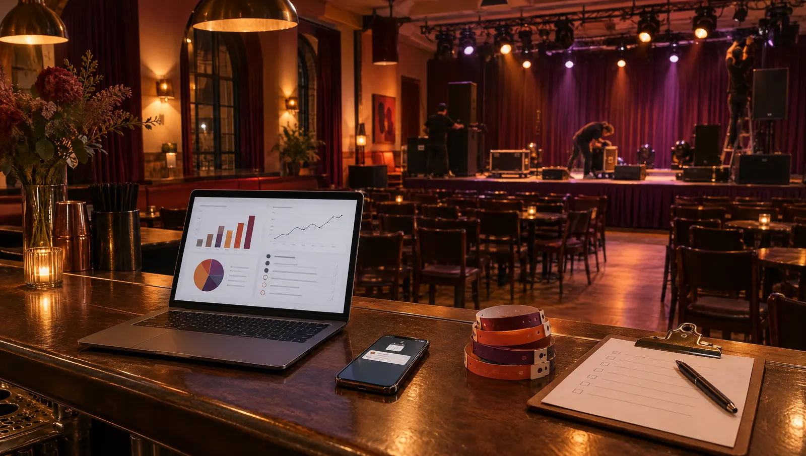 Illustration: an empty venue an hour before doors, a laptop on the bar showing sales charts and a phone with a reminder, crew setting up the stage behind