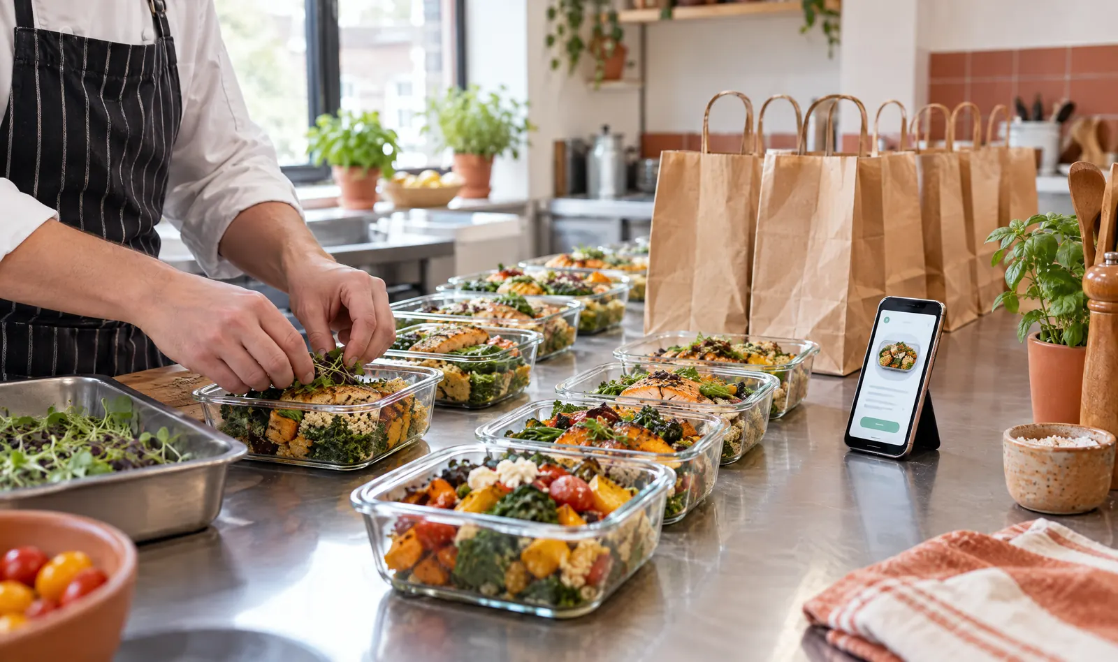 Illustration: a chef packing fresh ready meals into glass containers next to delivery bags and a phone showing an online order