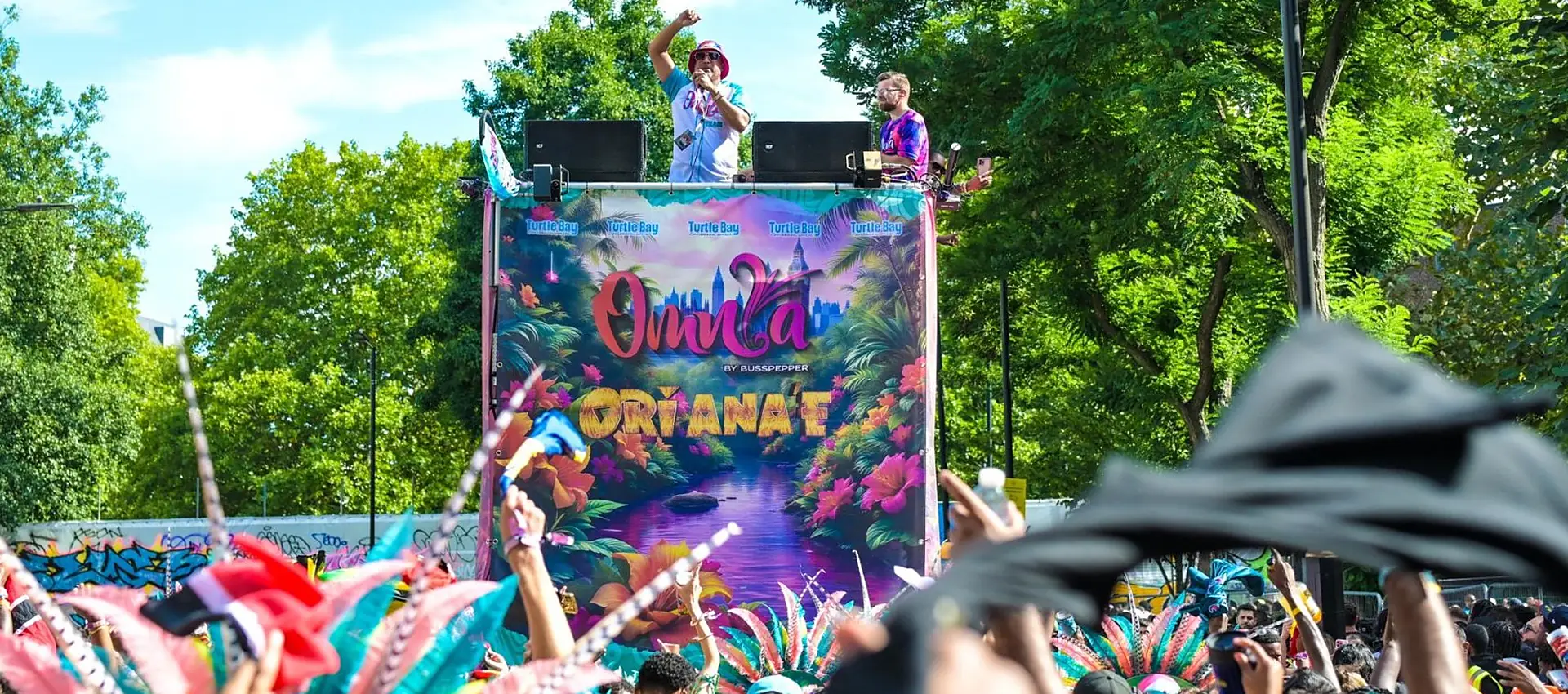 Omnia's music float and costume crowd at Notting Hill Carnival 2026