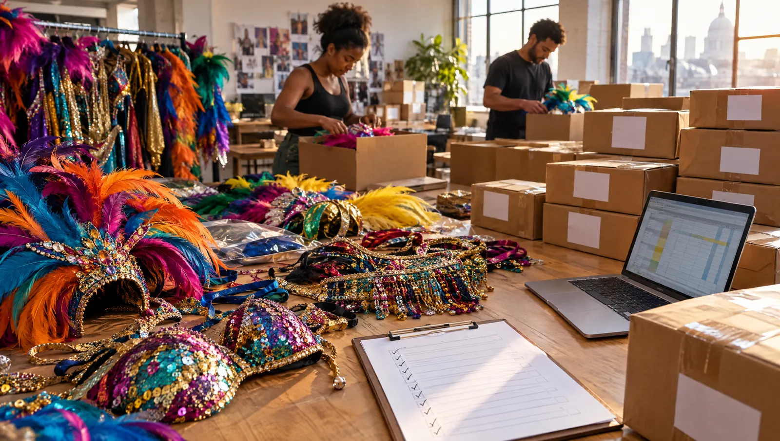 Illustration: carnival costumes and feathered headpieces being packed into labelled parcels in a London studio the week before carnival
