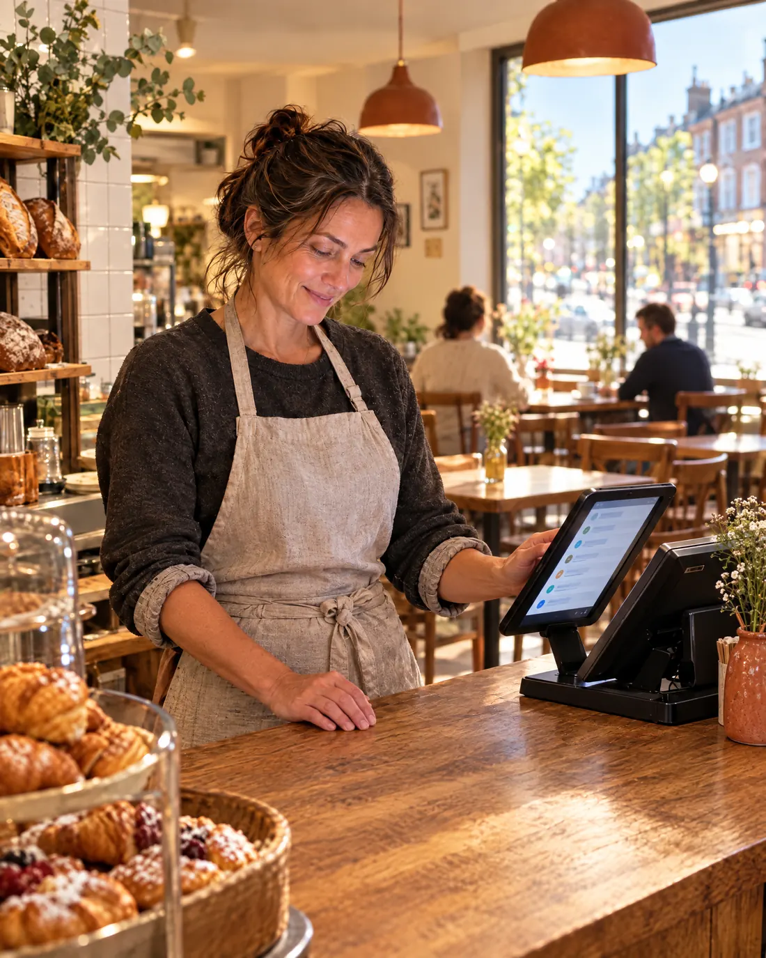 The same cafe owner the next morning, relaxed and smiling, checking a tidy list of orders on a tablet at the till