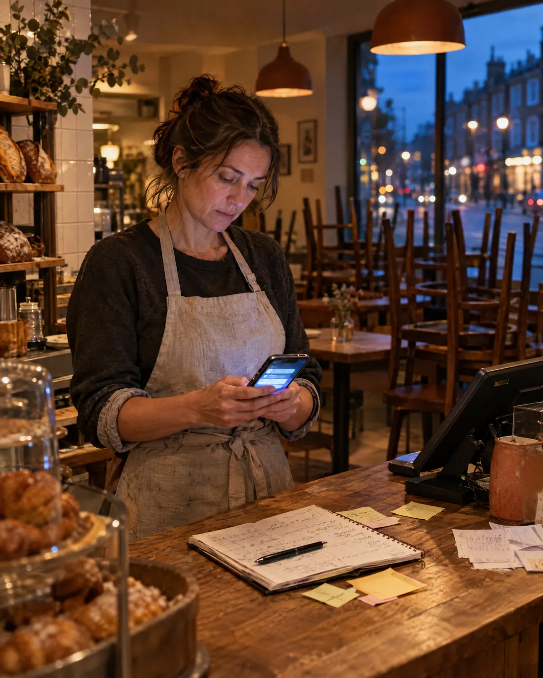 A cafe owner behind her counter after closing, reading a stack of order messages on her phone beside a handwritten notebook and sticky notes